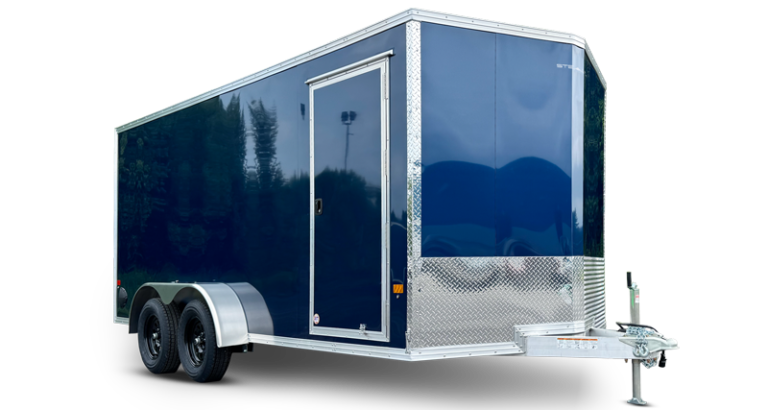ALCOM Stealth 7-wide XLT Pro enclosed aluminum trailer in navy blue